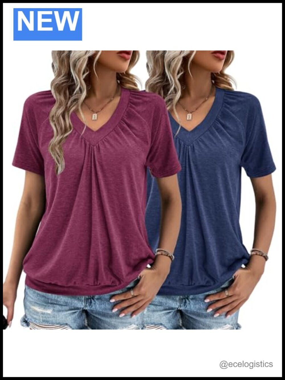 2 Pack V Neck Short Sleeve Ruched T-Shirts for Women